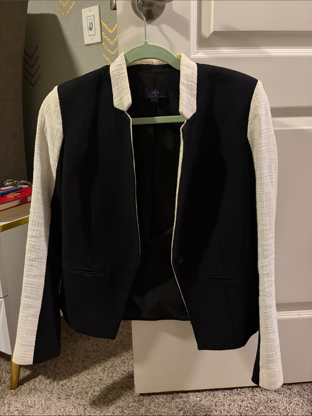 NYDJ Black Blazer with White Textured Sleeves